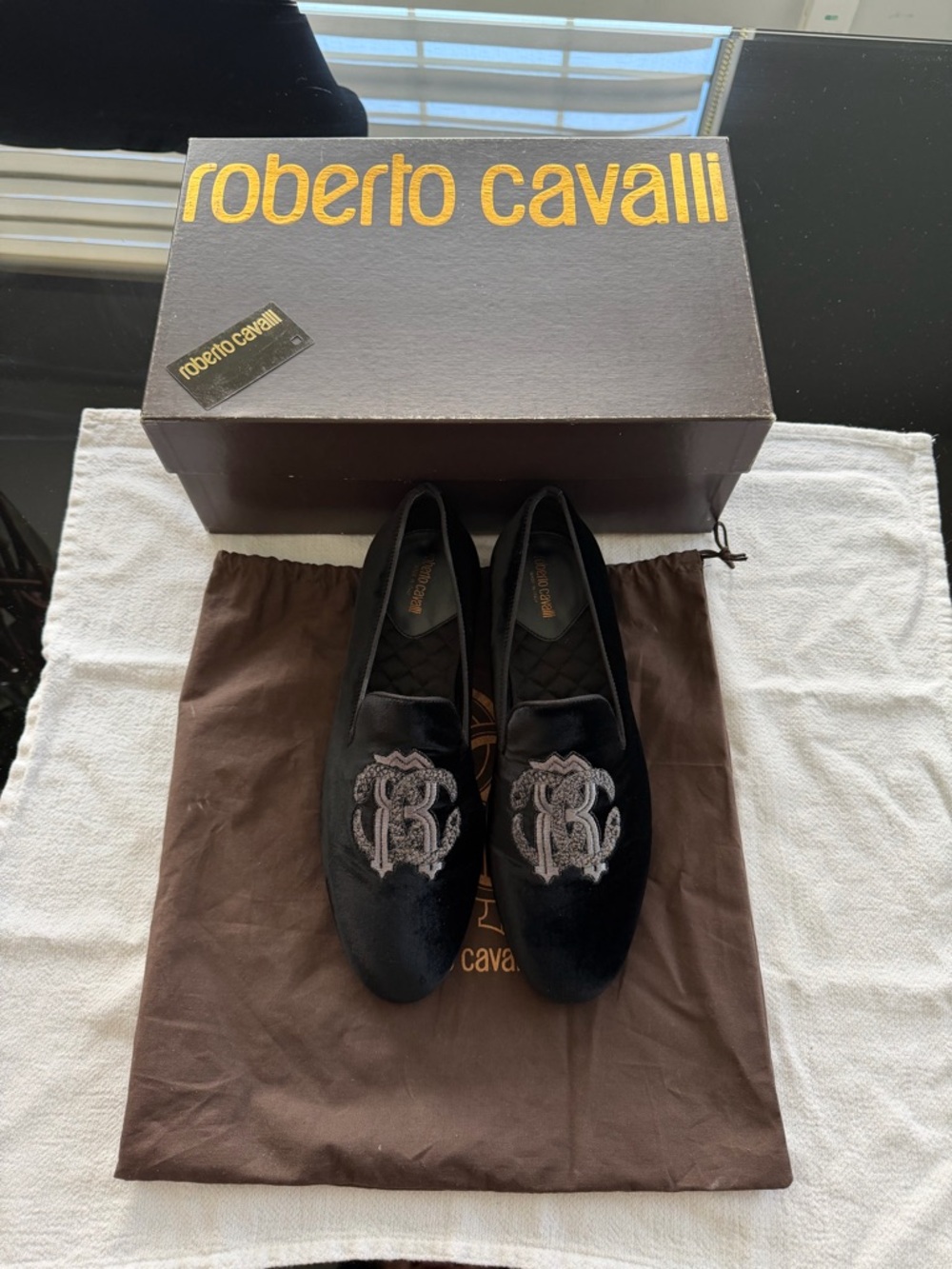 Roberto Cavalli Black Velvet Embroidered Slip-On Loafers
